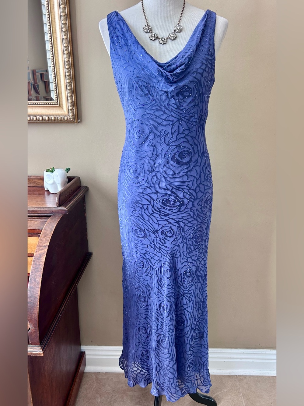 Vintage Alex Evenings Beaded Silk Cowl Neck Burnout Maxi Slip Dress Blue Size 12